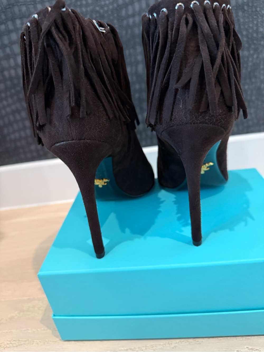 AUTHENTIC Prada chocolate brownSuede Fringe Peep-Toe Stiletto Ankle Boots - Picture 7 of 8